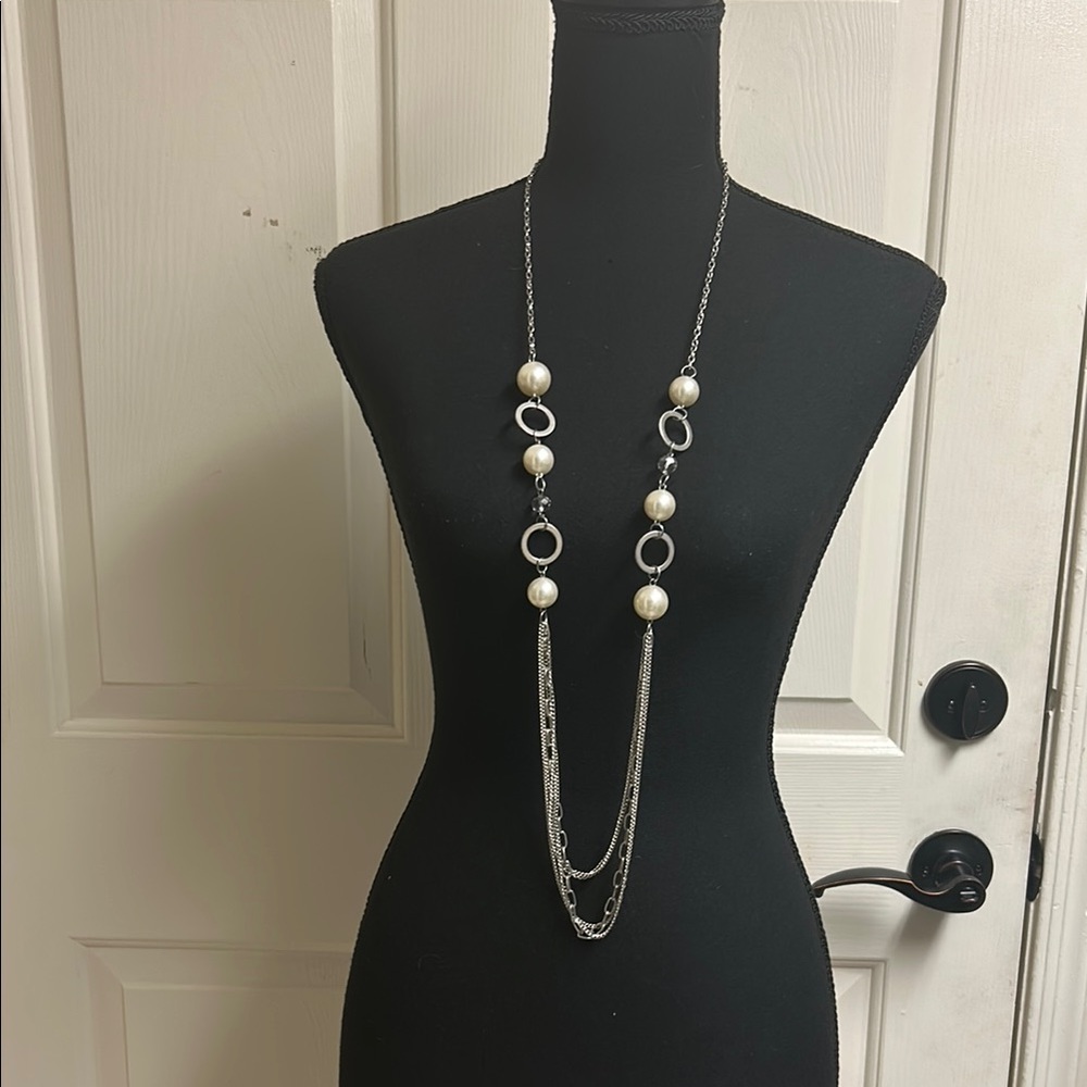 Necklace Elegant Silver and White Pearl Necklace,  44”, Excellent Condition